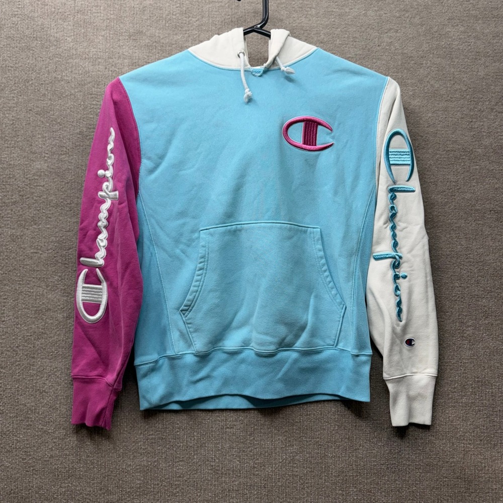 Champion Reverse Weave Colorblock Hoodie Blue Pink Embroidered Script Medium